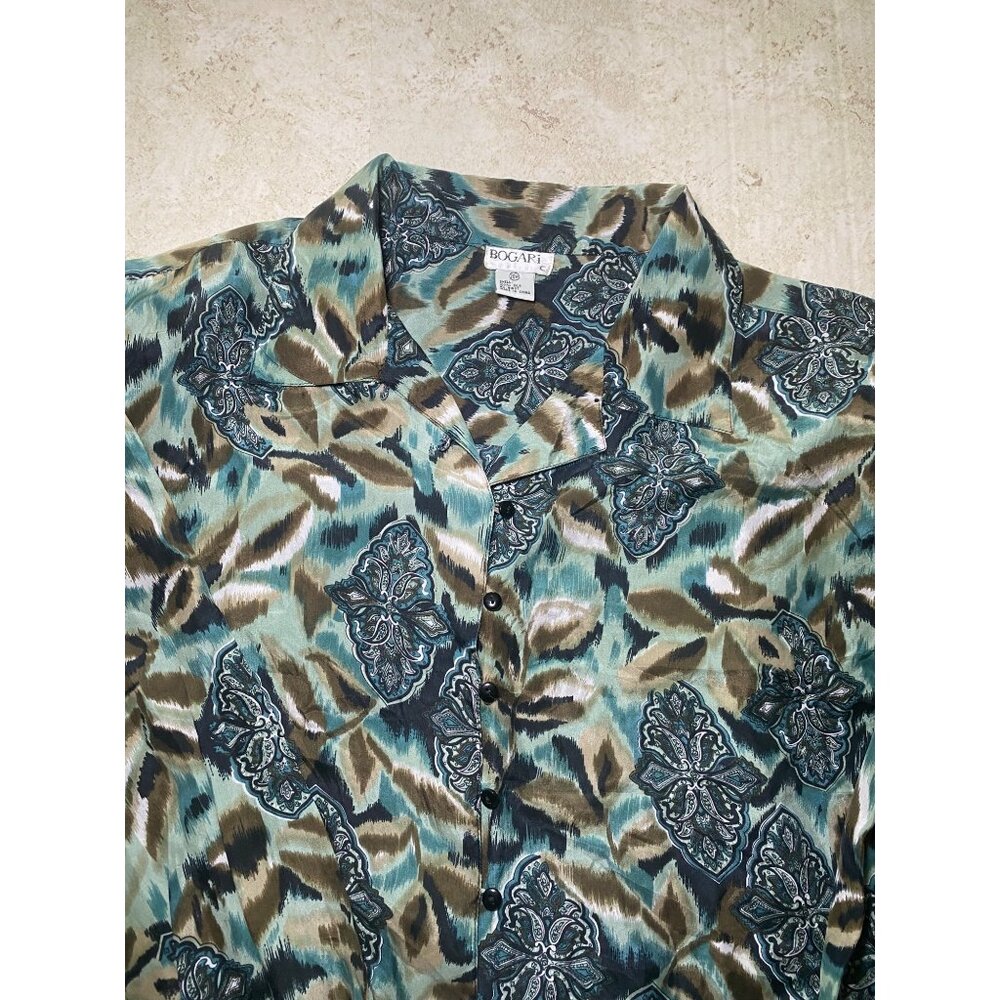 Bogari Womens Silk‎ Button-Up Shirt Abstract Green & Brown Pattern Size 20W